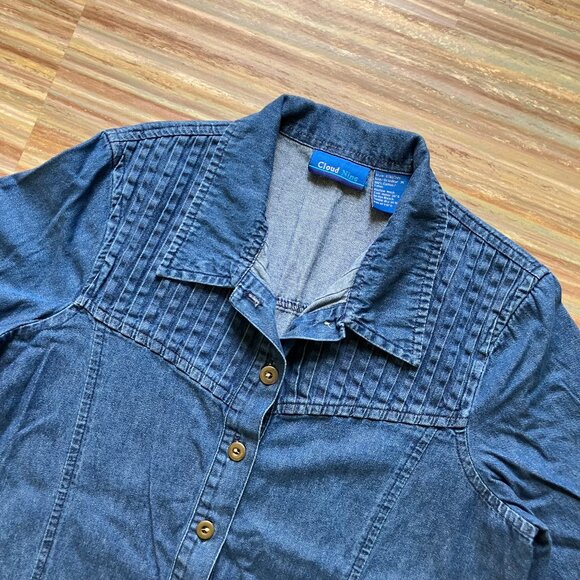 Denim Button Up Women's Shirt with Pleated Yoke Vintage 90s Cloud Nine Pockets - Picture 4 of 8